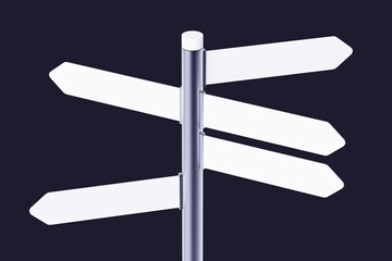 White street sign isolated. Directional pole with arrows, finger post signs