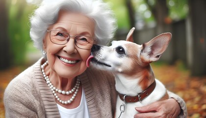 Happy Senior with Dog Licking Their Face - Elderly Person Bonding with Pet in Heartwarming Moment