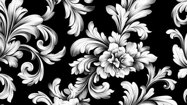 Seamless pattern with baroque renaissance monogram floral ornament, leaf scroll engraving retro floral pattern decorative design filigree calligraphic heraldic branch. Baroque. Illustration