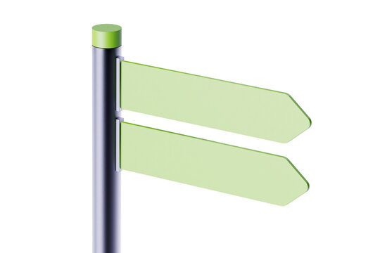 Green street sign isolated on white. Directional pole with arrows, finger post signs