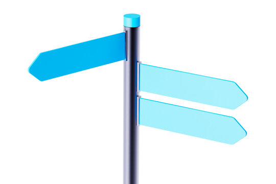 Blue street sign isolated on white. Directional pole with arrows, finger post signs
