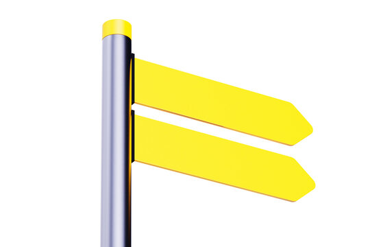 Yellow street signs isolated. Directional pole with arrows, finger post sign