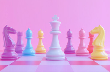 A minimalist composition shows colorful chess pieces on a pink board, with one piece pointing to the center and another in front, against a solid pastel background.