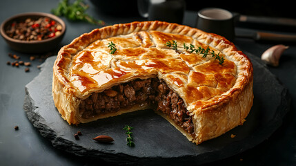 A hearty tourti re pie with flaky golden crust, sliced open to reveal layers of seasoned meat filling, placed on a stone slab with rustic tableware