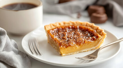 A Canadian butter tart with a flaky crust and gooey caramel filling, placed on a white plate with a fork, next to a steaming cup of coffee