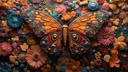 Fototapeta premium A 3D render of a large and graceful crochet butterfly with intricate patterns and a variety of colors. The butterfly is perched on a crochet flower