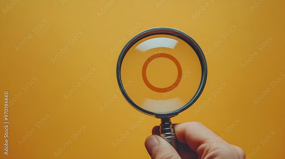 Aufkleber hand holding target board inside vintage magnifying glass for focus business objective on orange bac