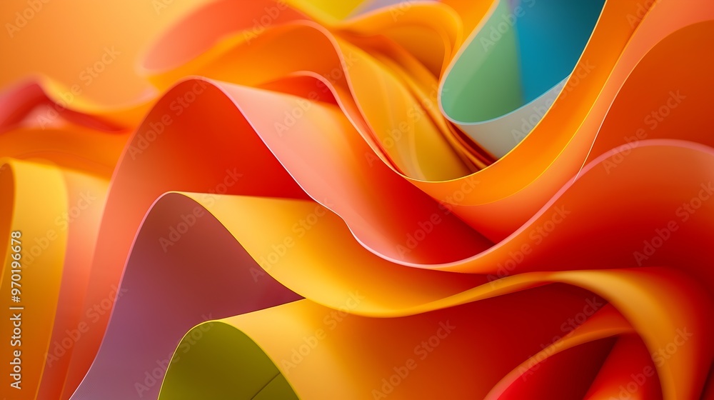 Fototapete macro image of colorful curved sheets of paper shaped like a flower on orange background : generativ