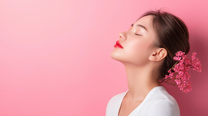 Woman in white top meditating with eyes closed against soft pink background, representing calmness, mindfulness, and serenity in a peaceful and balanced life