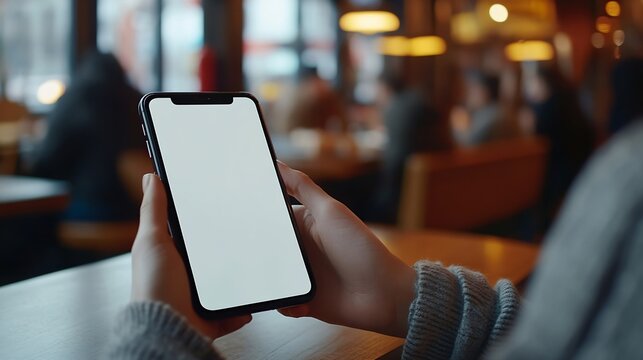 CU Photo of a person using his phone inside a fastfood restaurant Blank white smartphone screen mockup food order delivery discount coupon application mockup : Generative AI