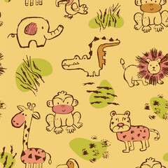 Obraz premium Childish animal seamless pattern. Lion, monkey, giraffe, tiger, elephant, toucan, alligator in sketch simple style. 