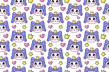 Seamless pattern with vector kawaii anime cute little girl face with hearts and crown