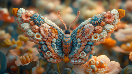 A 3D render of a large and graceful crochet butterfly with intricate patterns and a variety of colors. The butterfly is perched on a crochet flower