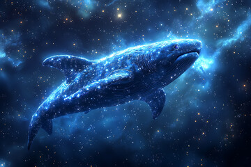 Magical space whales depicted in wireframe style, swimming through space among stars, blending fantasy and sci-fi with a surreal, celestial aesthetic.	
