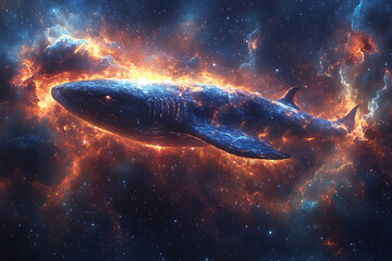Magical space whales depicted in wireframe style, swimming through space among stars, blending fantasy and sci-fi with a surreal, celestial aesthetic.	
