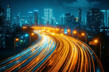 Obraz premium Nighttime Cityscape with Illuminated Highway and Skyscrapers