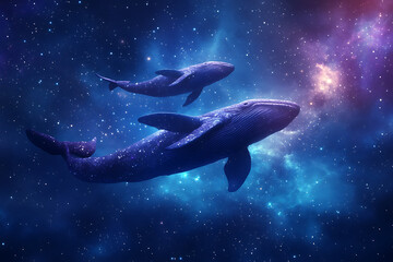 Magical space whales depicted in wireframe style, swimming through space among stars, blending fantasy and sci-fi with a surreal, celestial aesthetic.
