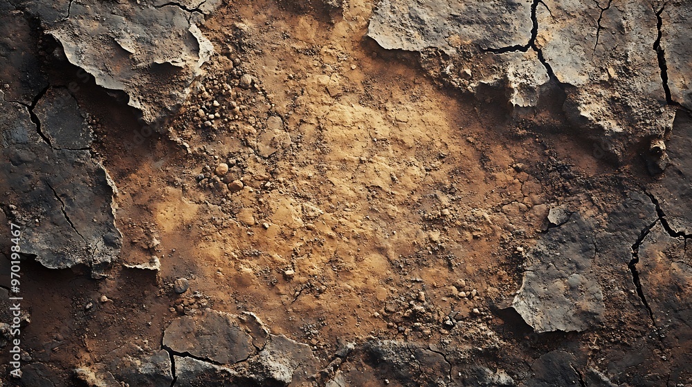 Poster Appearance of the ground surface with abstract patterns and shapes Soil around the crater For background : Generative AI