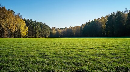 Large glade covered with low trimmed grass on a foreground against distant forest and clear sky in park at autumn sunny day : Generative AI