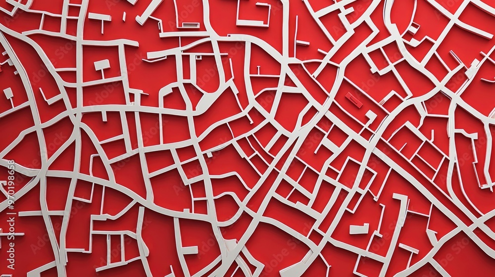 Poster map illustration of streets created with white lines on red paper top view from above with a texture