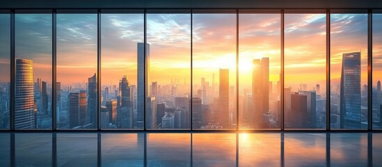 Fototapeta premium Empty room interior with a view of skyscrapers and a cityscape High rise window showcasing building silhouettes during sunset Beautiful real estate visualization 3D rendering