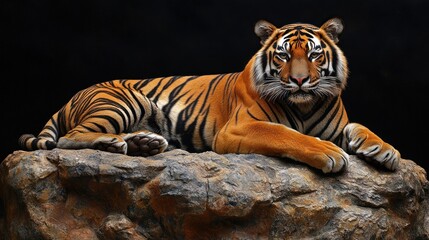 A majestic tiger resting on a rocky surface, showcasing its beauty.