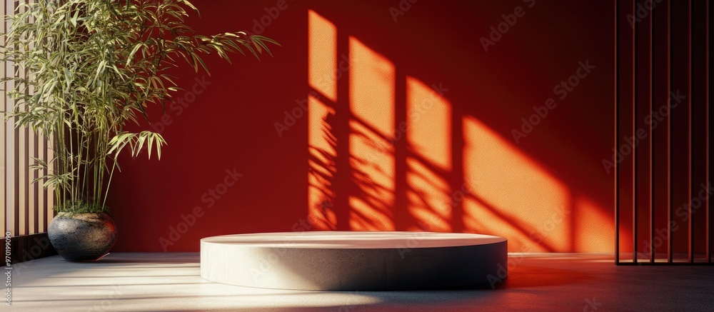 Poster 3d rendering of a podium designed for product display set against a chinese inspired background view