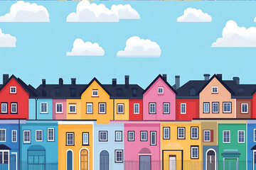 Naklejka premium Flat art illustration of multi-colored house facades, showcasing simple geometric shapes and vibrant colors, creating a playful and modern urban aesthetic. 