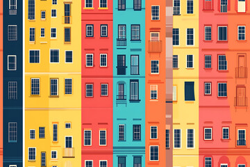 Naklejka premium Flat art illustration of multi-colored house facades, showcasing simple geometric shapes and vibrant colors, creating a playful and modern urban aesthetic. 