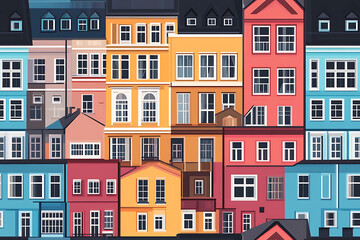 Naklejka premium Flat art illustration of multi-colored house facades, showcasing simple geometric shapes and vibrant colors, creating a playful and modern urban aesthetic. 