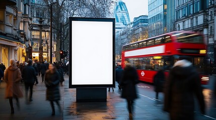 vertical Mockup billboard stands people walk and transport move in city blank white screen poster pedestrians walking and doubledecker red bus cars driving along town road Modern view  : Generative AI