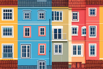 Obraz premium Flat art illustration of multi-colored house facades, showcasing simple geometric shapes and vibrant colors, creating a playful and modern urban aesthetic. 