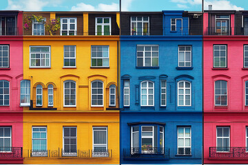 Obraz premium Flat art illustration of multi-colored house facades, showcasing simple geometric shapes and vibrant colors, creating a playful and modern urban aesthetic. 
