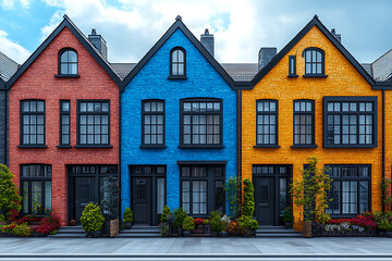 Fototapeta premium Flat art illustration of multi-colored house facades, showcasing simple geometric shapes and vibrant colors, creating a playful and modern urban aesthetic. 