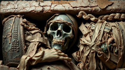 Skeleton mummy in an ancient coffin wrapped in tattered bandages