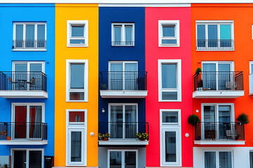 Obraz premium Flat art illustration of multi-colored house facades, showcasing simple geometric shapes and vibrant colors, creating a playful and modern urban aesthetic. 