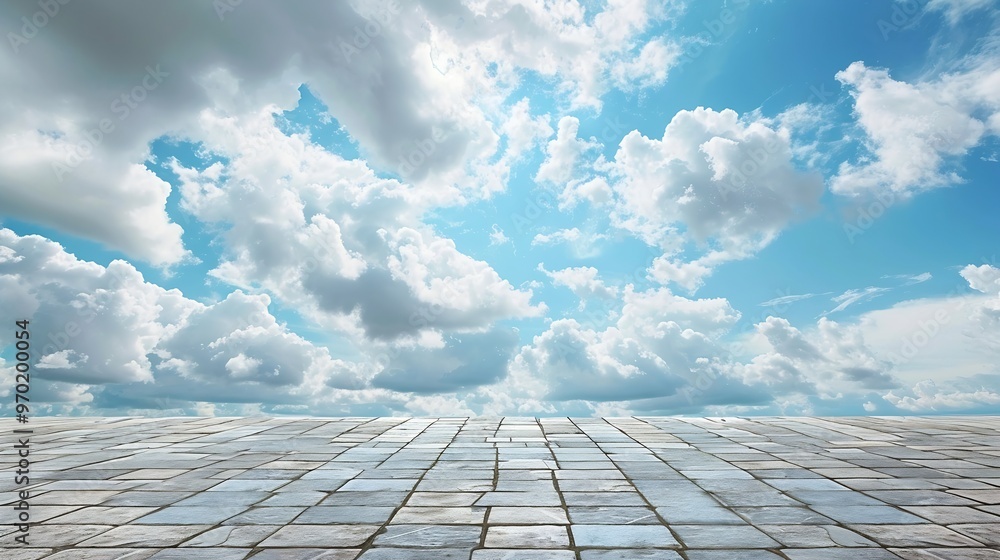 Aufkleber empty brick floor and sky clouds background : generative ai
