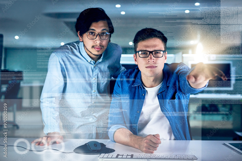 Poster Portrait, men and coding overlay at night for data developing, software programmer and digital interface. People, it and futuristic hub with dashboard programming, high tech and computing deadline