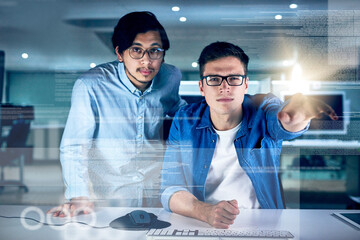 Portrait, men and coding overlay at night for data developing, software programmer and digital interface. People, it and futuristic hub with dashboard programming, high tech and computing deadline