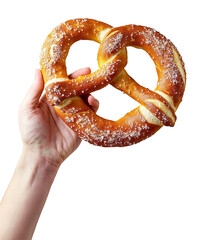 A hand gripping a large, soft German pretzel topped with coarse salt, highlighting its golden-brown color and unique twisted shape. Isolated on a transparent background.