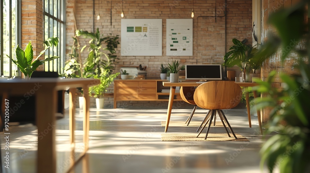 Poster Shot of light cozy office interior in modern minimalistic style with working desks and plants copy space : Generative AI