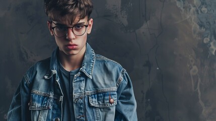 Teenage boy in glasses and denim jacket : Generative AI