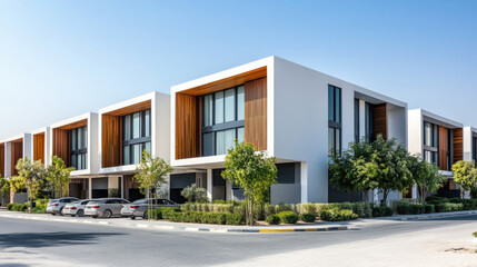 Fototapeta premium A large white building with a brown trim sits on a street. The building has a lot of windows and is surrounded by trees. There are several cars parked in front of the building