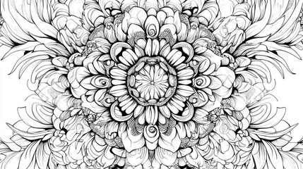 Mandala inspired kaleidoscope design for adult coloring book featuring detailed 2D cartoon elements