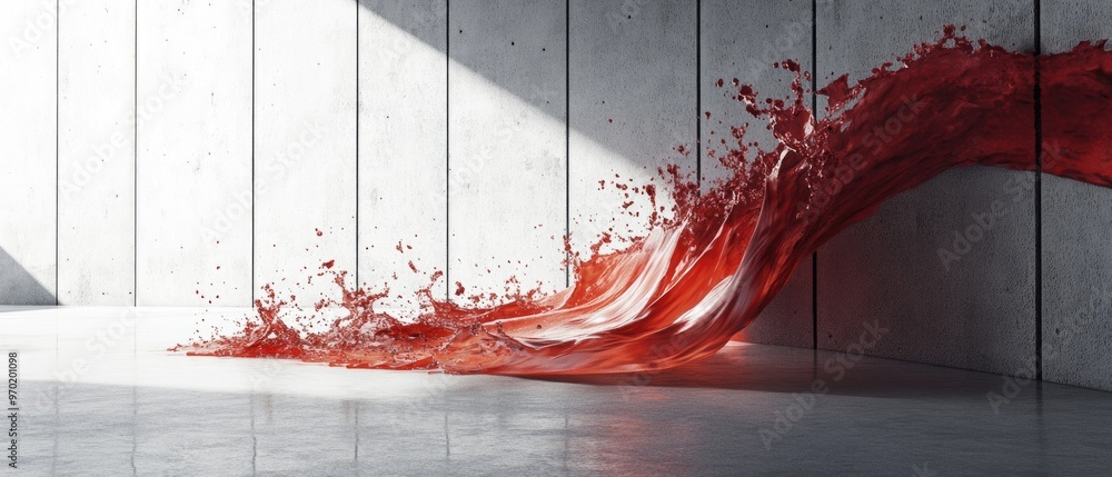 Poster a dynamic splash of liquid within a concrete studio space 3d illustration and rendering