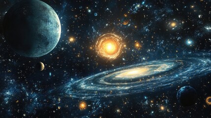 Stars and cosmic elements in a vast galaxy and planetary backdrop in outer space
