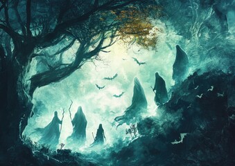 Fantasy Halloween theme featuring illustrations of ghosts and witches