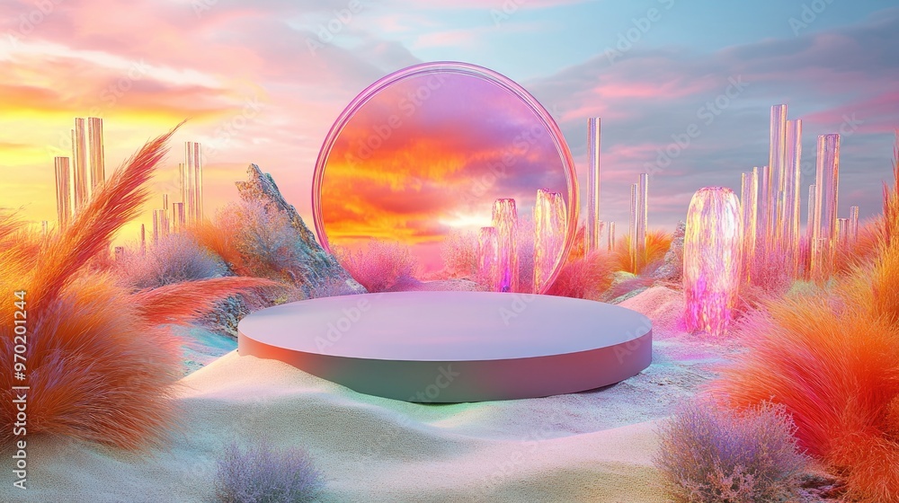 Aufkleber surreal 3d rendering of a landscape featuring a round podium surrounded by colorful grass and sand s