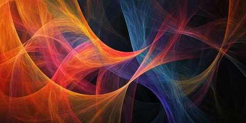 Abstract composition of colorful intersecting lines on a dark background fractal design suitable for covers discs websites banners and advertising digitally created artwork