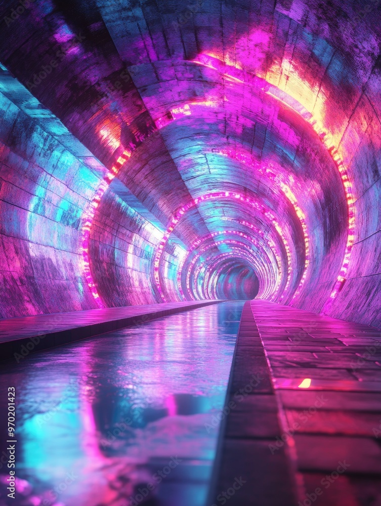 Aufkleber fantasy 3d rendering of a tunnel illuminated with vibrant colors